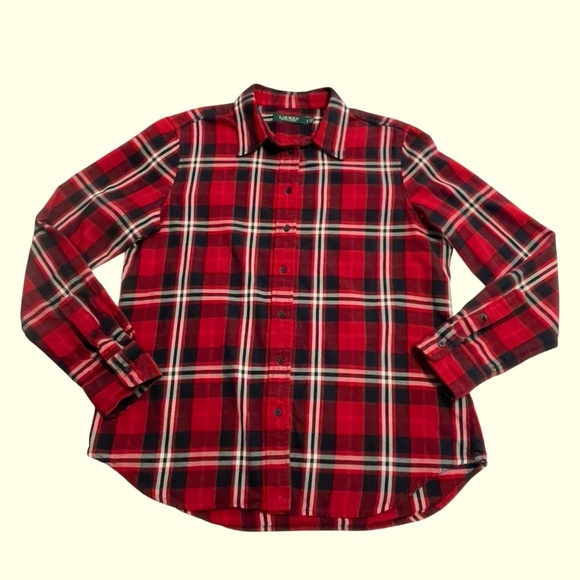 Lauren Ralph Lauren Plaid Shirt Large Classic Red Black Cabincore Rustic - Picture 4 of 10